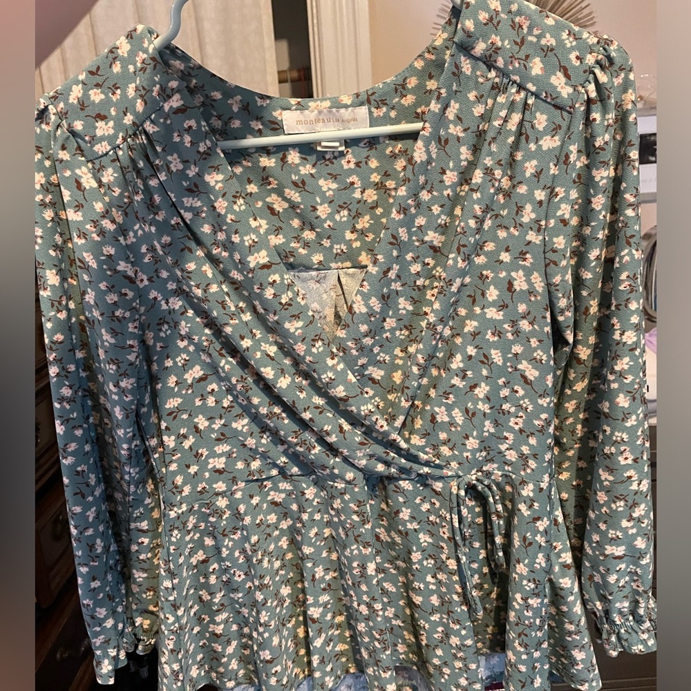 Monteau Teal Floral Wrap Blouse